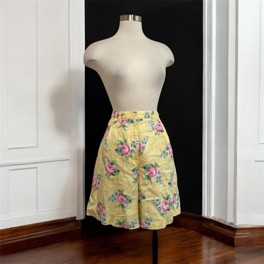 Vintage Ralph Lauren Linen Yellow Floral Casual High Waisted Shorts Comfy Large